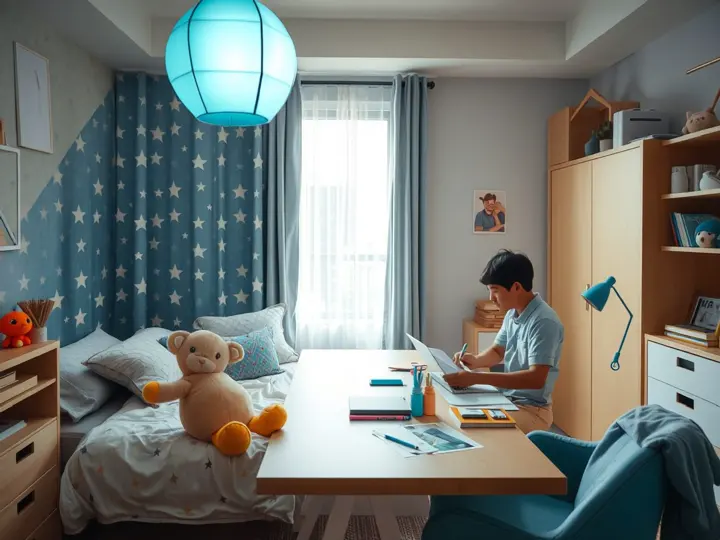 儿童房蓝色星空窗帘与卡通灯饰实景